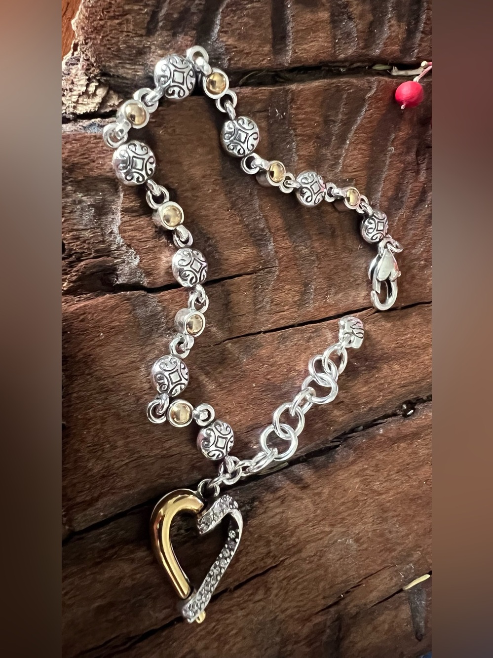 Brighton Fine Silver Plated Heart Tag Bracelet Round Square Two Tone Gold CZ